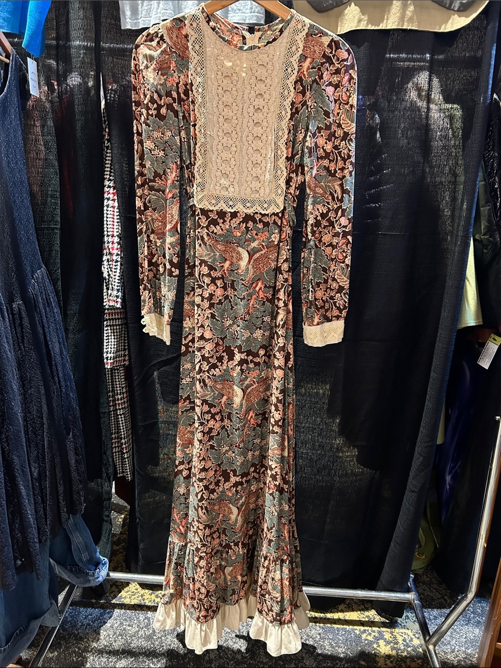 Gunne Sax Floral Maxi Dress with Cream Lace Bib - brown, cream, teal